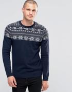 Asos Lambswool Rich Sweater With Yoke Fairisle Detail - Navy