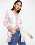 Neon Rose Oversized Cardigan In Color Block Gingham-pink