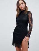 Motel Long Sleeved Lace Dress With Cut Out Back And Thigh Split-black