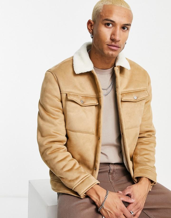 Bershka Trucker Jacket In Brown Suede