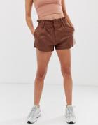 Zya Washed Pu High Waist Shorts - Brown