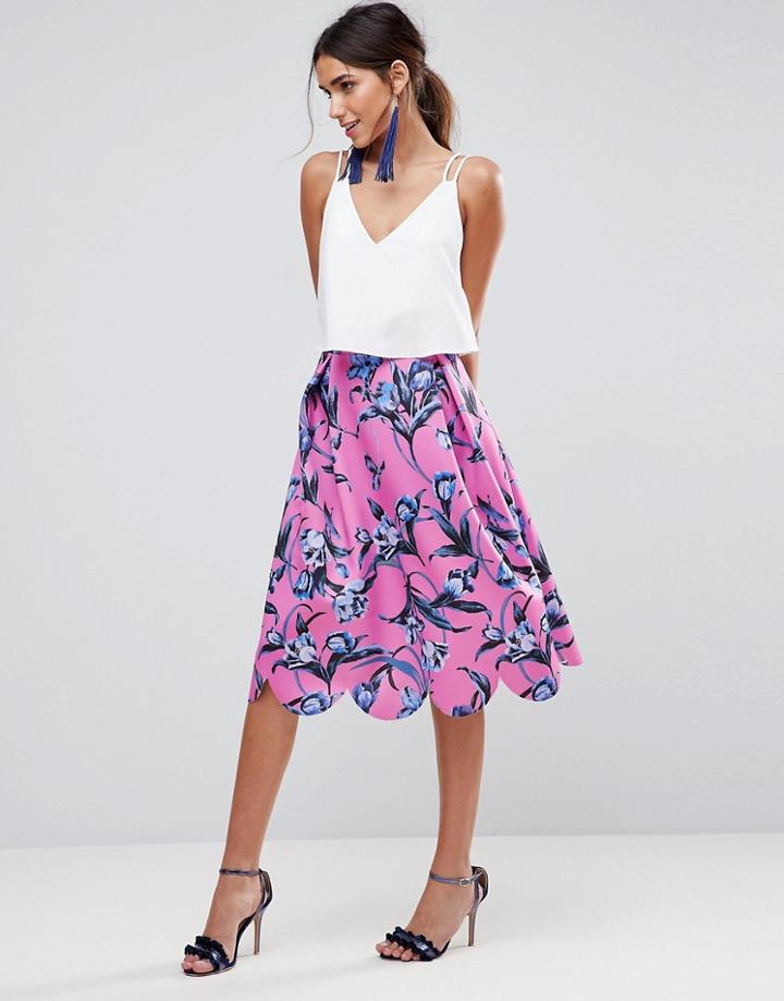 Asos Design Scuba Midi Prom Skirt With Scallop Hem In Floral Print-pink