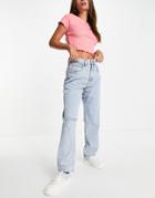 Cotton: On Dad Jeans With Ripped Knee In Bleach Wash-blues