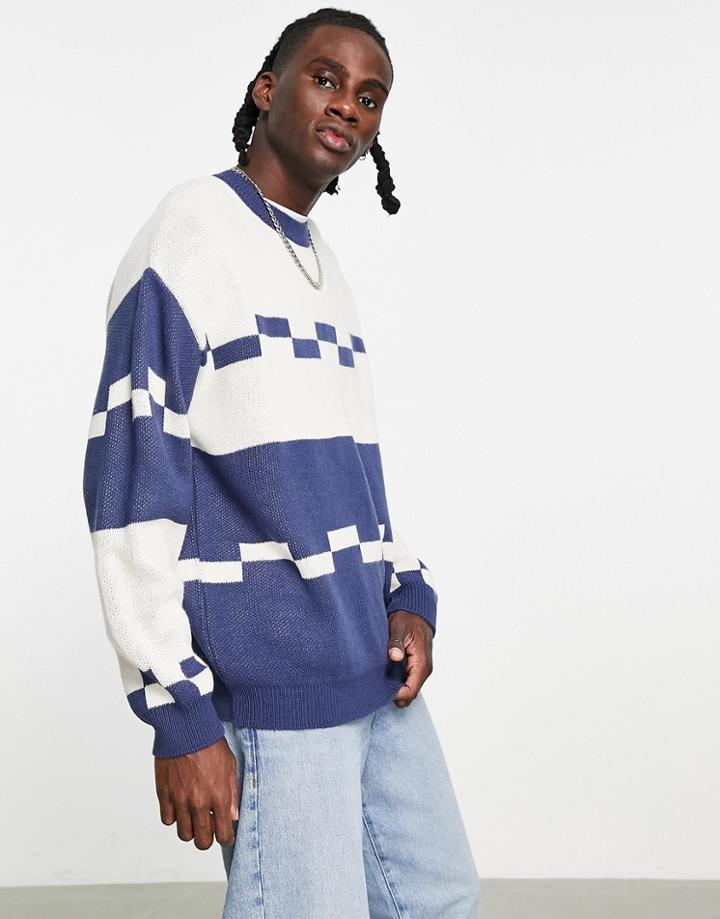 Asos Design Knitted Sweater With Broken Stripe Pattern-blue