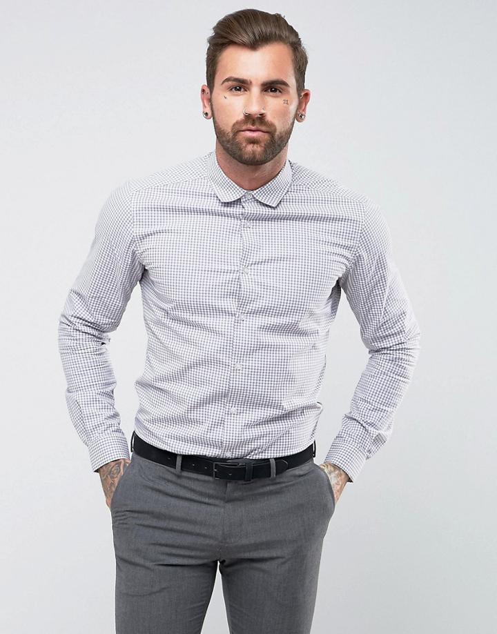 Asos Smart Stretch Slim Poplin Check Shirt In Gray - White