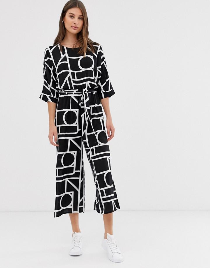 Asos Design Tie Waist Jumpsuit In Mono Geo Print - Multi