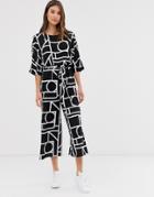 Asos Design Tie Waist Jumpsuit In Mono Geo Print - Multi