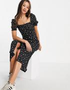 Topshop Puff Sleeve Button Through Jersey Midi Dress In Micro Ditsy-black