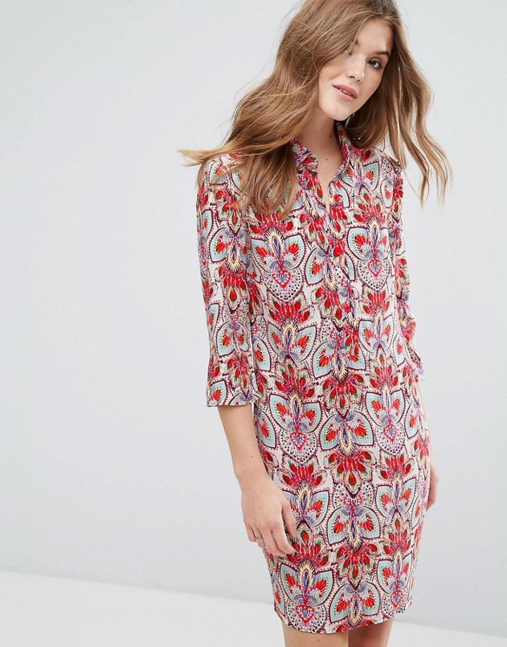 Lavand 3/4 Sleeve Printed Shift Dress - Red