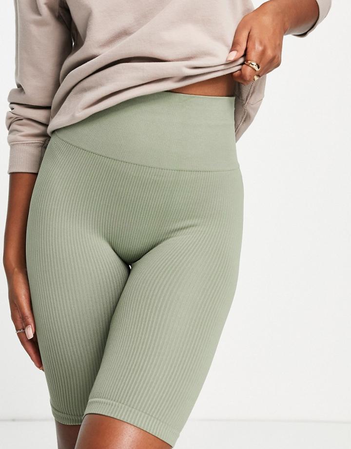 Stradivarius Seamless Ribbed Legging Shorts In Sage-green