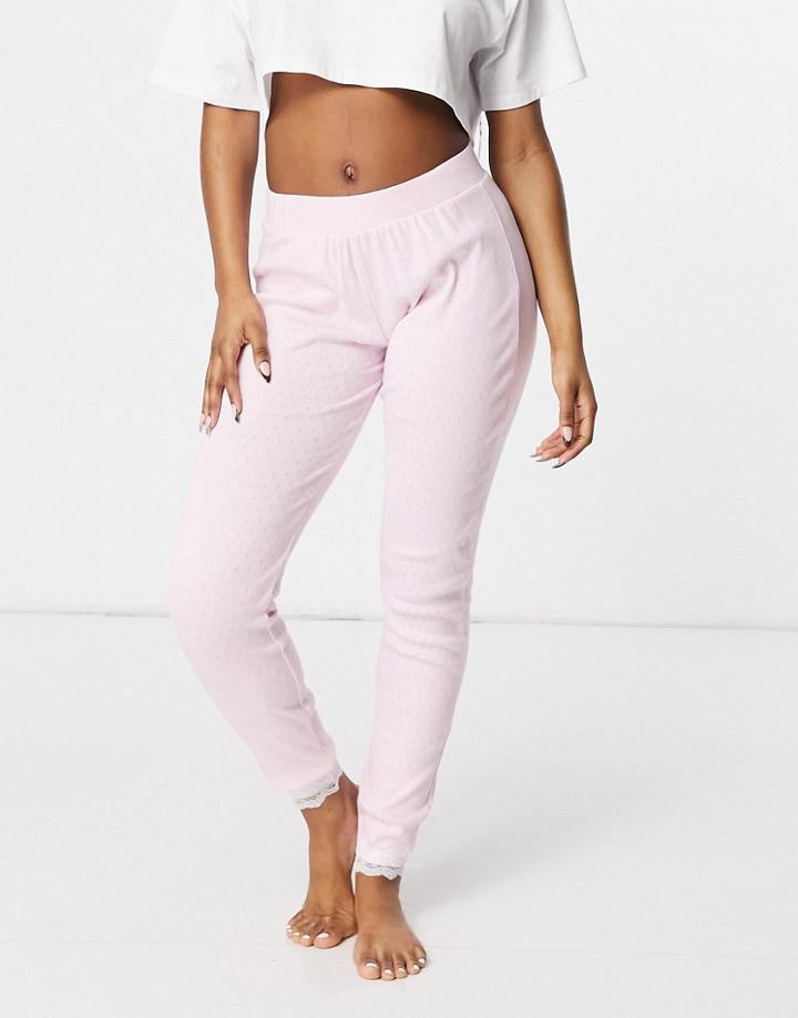 Loungeable Pointelle Lounge Leggings With Lace Trim In Pink Lavender