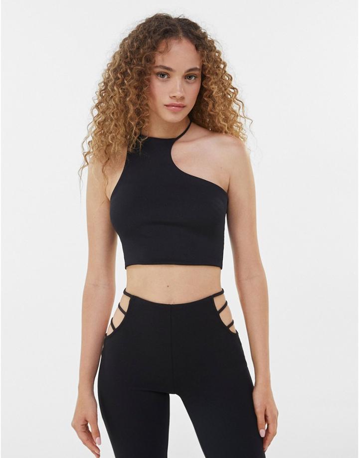 Bershka Seamless 90s Asymetric Crop Top In Black