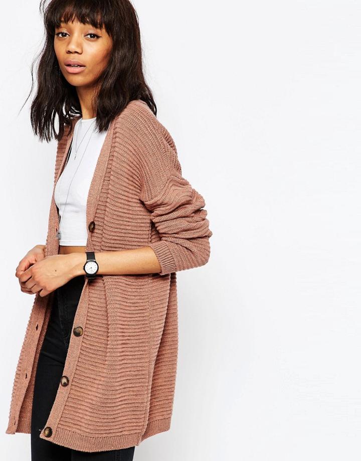 Asos Chunky Boyfriend Cardigan In Wool Mix Yarn - Blush