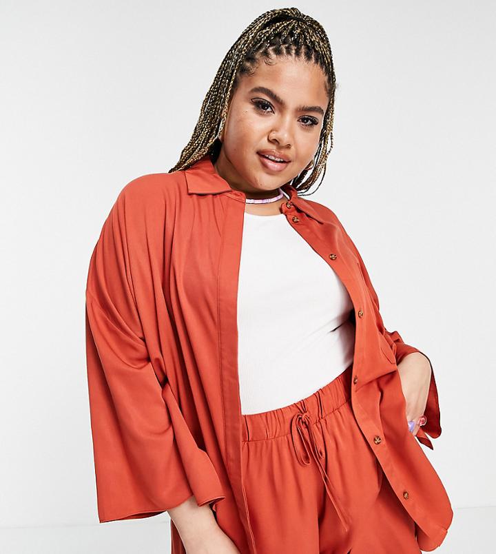 Asos Design Curve Kimono Sleeve Overshirt In Rust - Part Of A Set-orange