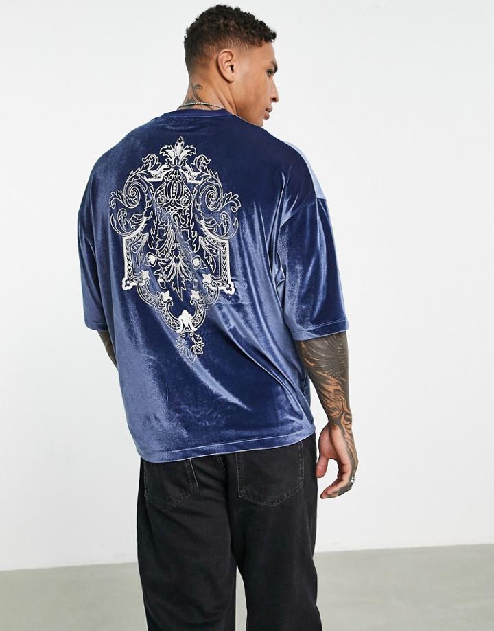 Asos Design Oversized T-shirt In Blue Velour With Back Embroidery