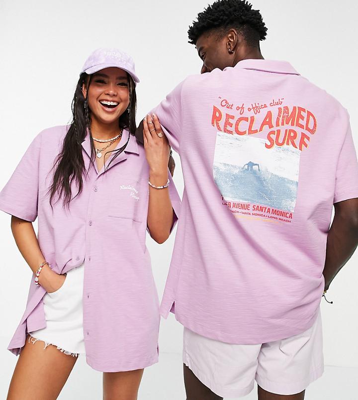 Reclaimed Vintage Inspired Unisex Jersey Shirt In Pink With Surf Print