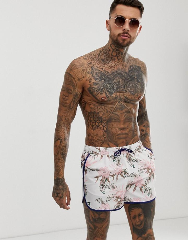 Asos Design Runner Swim Shorts In White Based Floral Print - White