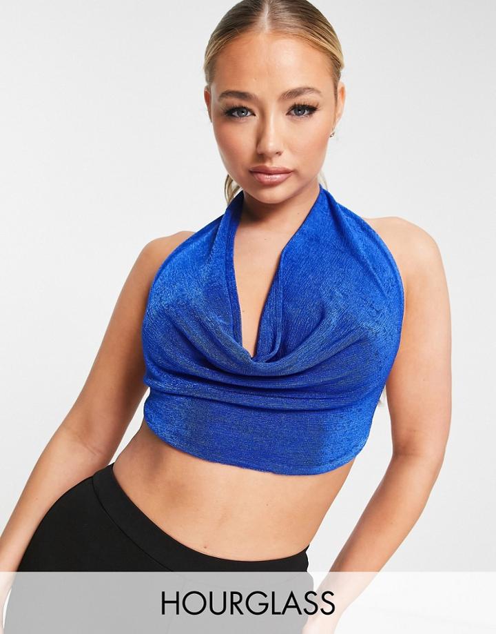 Asos Design Cowl Neck Halter Crop Top With Chain Back In Cobalt-blue