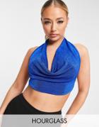 Asos Design Cowl Neck Halter Crop Top With Chain Back In Cobalt-blue