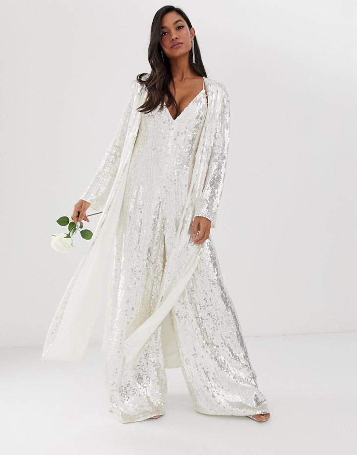 Asos Edition Split Side Jacket In Sequin - White