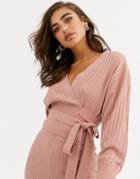Asos Design Lounge Premium Knitted Rib Wrap Top-pink