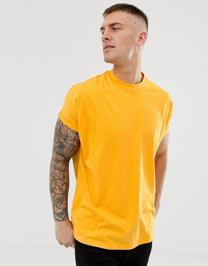 Asos Design Oversized Longline T-shirt With Crew Neck With Roll Sleeve In Yellow - Yellow