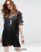 Sacred Hawk Cami Dress In Satin With Mesh Ruffle T-shirt Under Layer - Black