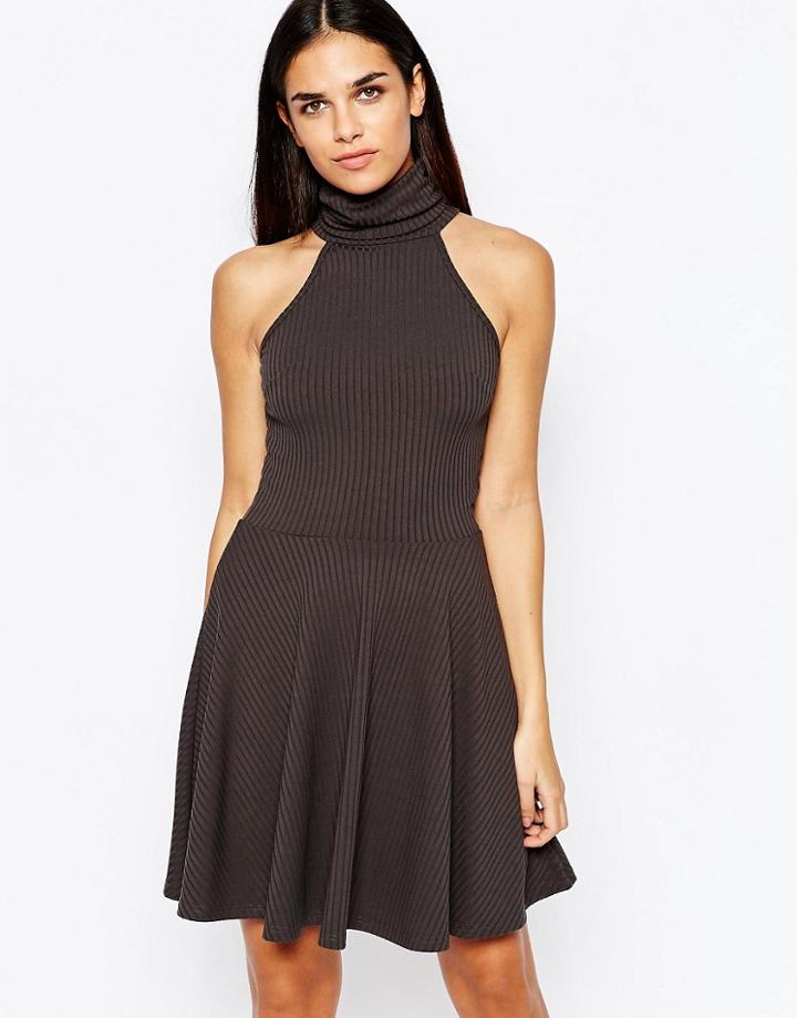 Club L Essentials High Neck Skater Dress In Rib - Gray