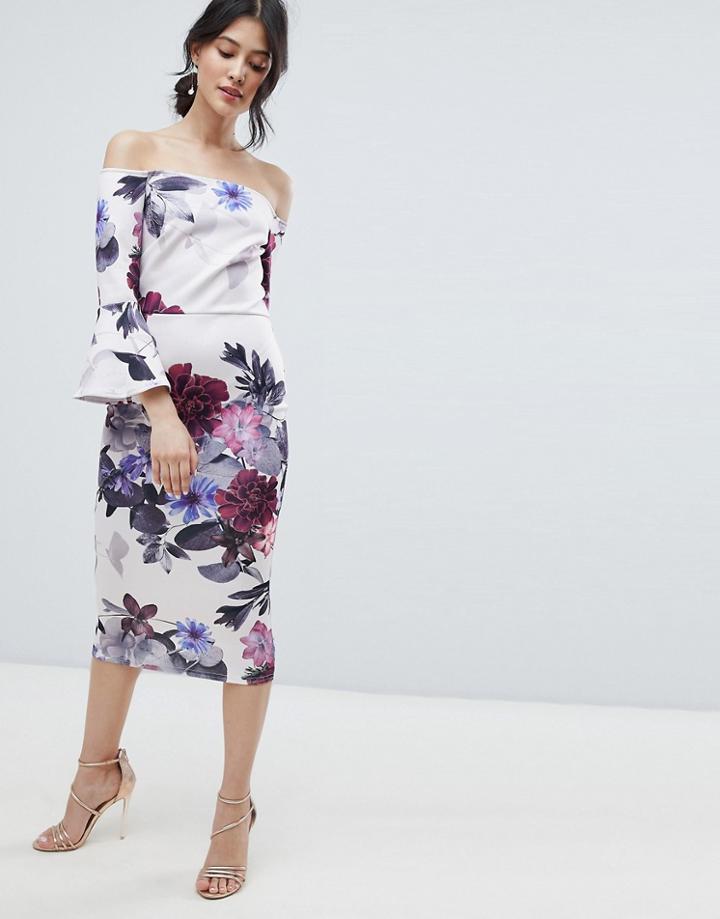 True Violet Bardot Midi Dress With Frill Sleeve In Foral Print - Multi