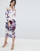 True Violet Bardot Midi Dress With Frill Sleeve In Foral Print - Multi