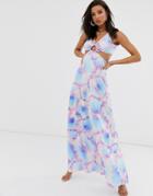 Asos Design Neon Tie Dye Slinky Jersey Beach Maxi Dress With Cutout Waist - Multi