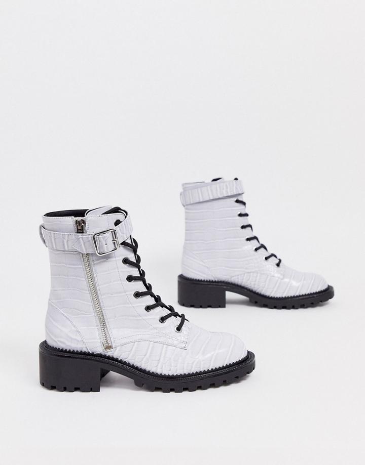 Asos Design Anya Hardware Lace Up Boots In Gray Croc - Gray
