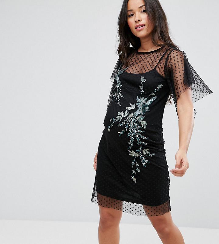 Hope & Ivy Maternity Dotty Mesh Dress With Embellishment-black