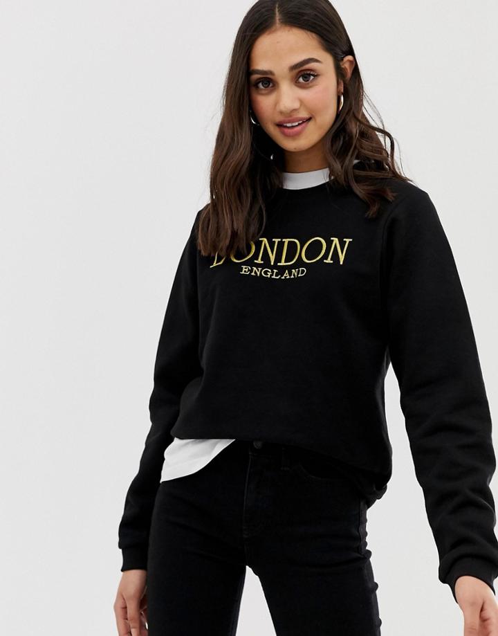 Asos Design Sweat In Boyfriend Fit With Gold London Embroidery - Black
