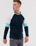 Asos Design Long Sleeve Raglan T-shirt With Contrast Sleeve And Tipping - Navy