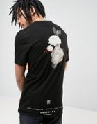 Asos Longline T-shirt With Rose Back Print And Type Hem Print - Black