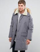 Asos Parka Jacket With Fleece Collar In Gray - Gray