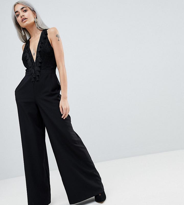 Asos Petite Jumpsuit With Lace Top Fringing - Black
