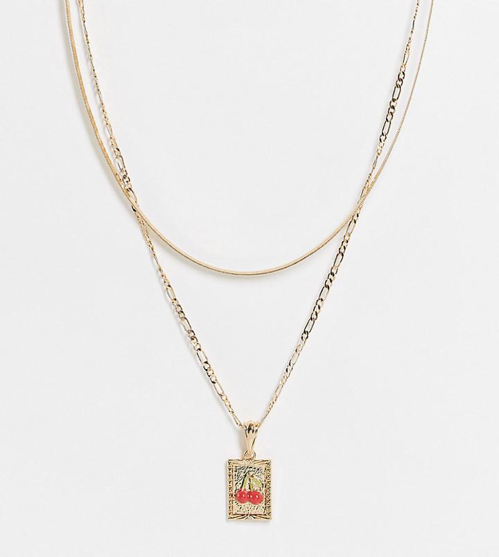 Asos Design Curve Multirow Necklace With Cherry Tag Pendant In Gold Tone
