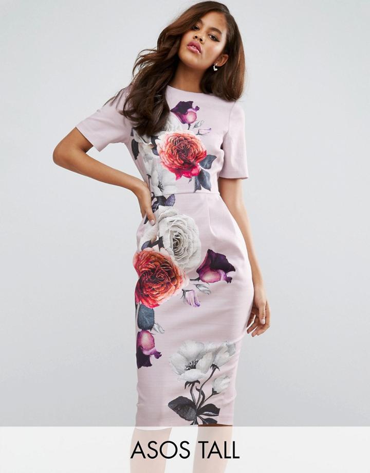 Asos Tall Wiggle Dress In Rose Placement Floral - Multi