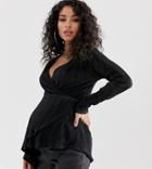Asos Design Maternity Long Sleeve Wrap Top In Plisse With Asymmetric Hem - Black