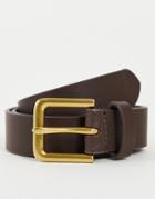 Asos Design Leather Slim Belt In Brown With Antique Gold Buckle
