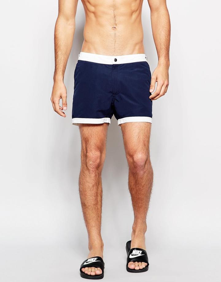 Asos Mid Length Swim Shorts In Navy With Fixed Waistband - Navy