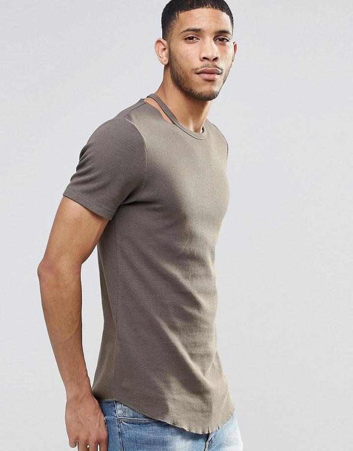 Asos Longline Muscle T-shirt In Waffle With Curved Hem And Disconnected Neck In Khaki - Camo Khaki