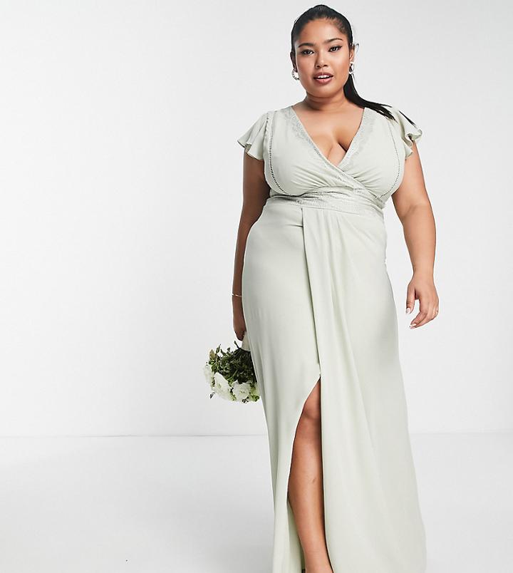 Tfnc Plus Bridesmaid Ariana Flutter Sleeve V Neck Dress In Sage Green