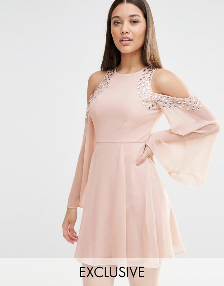 Lipsy Cold Shoulder Embellished Swing Dress - Nude