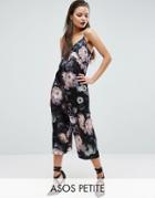 Asos Petite Satin Jumpsuit In Dark Floral Print - Multi