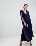 Club L Power Shoulder Cape Sleeves Detailed Slinky Wide Leg Jumpsuit - Navy