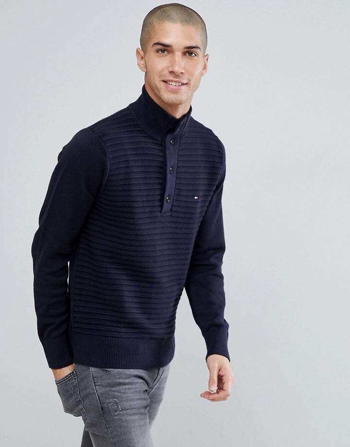 Tommy Hilfiger Tylor Button Neck Textured Knit Polo Long Sleeve In Navy - Navy