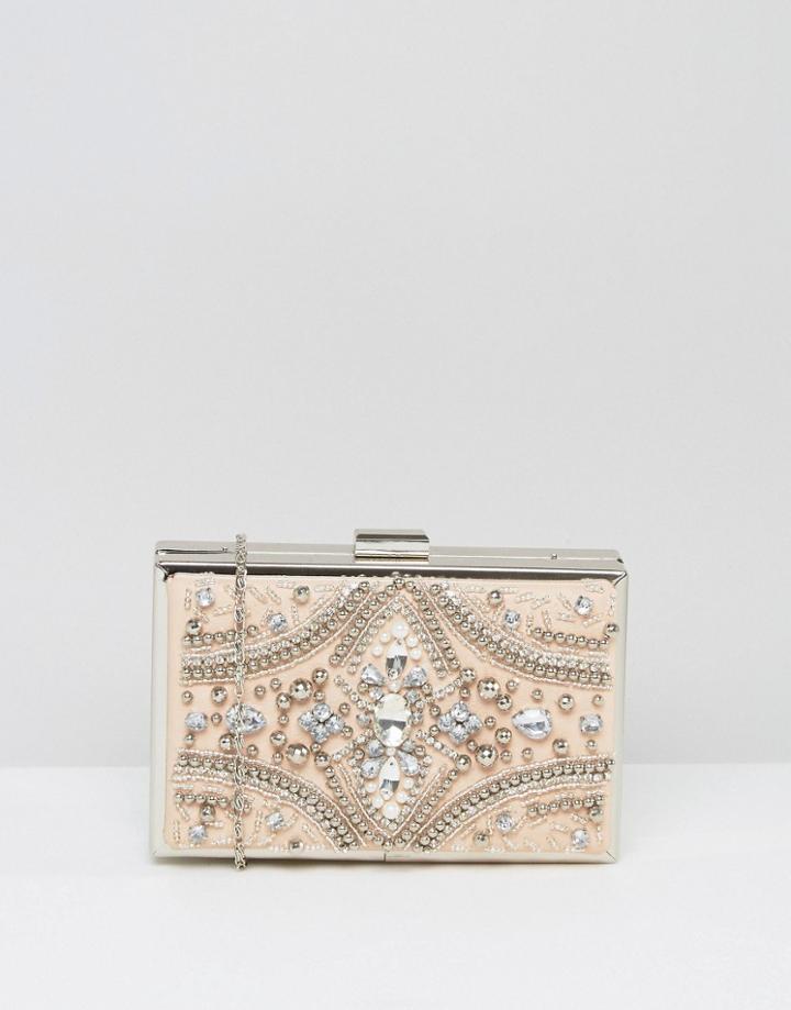Chi Chi London Rectangular Embellished Box Clutch In Blush - Beige